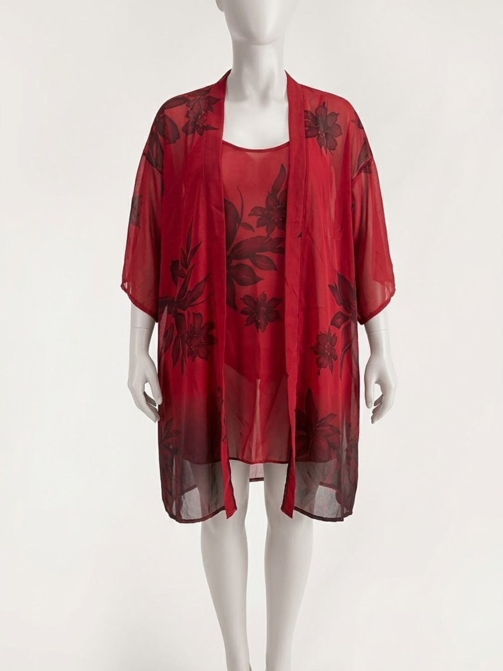 Vintage Meroa Tex Lingerie Sheer Red Floral Slip Dress & Robe Set Large